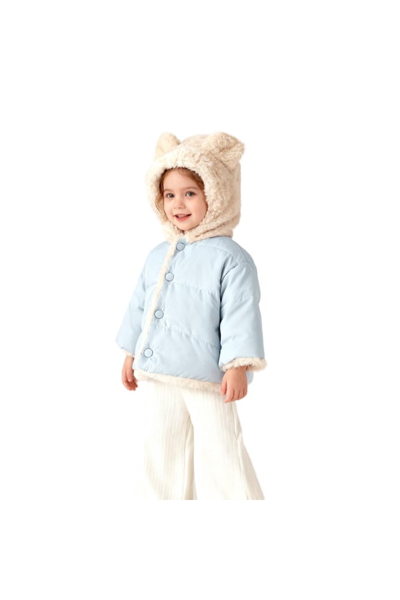 Toddlers Winter Coat Faux-Shearling Plush Lined Thick Puffer Jacket with Bear Ear Hood Cute Outerwear 0-3T (8 Months, Blue)