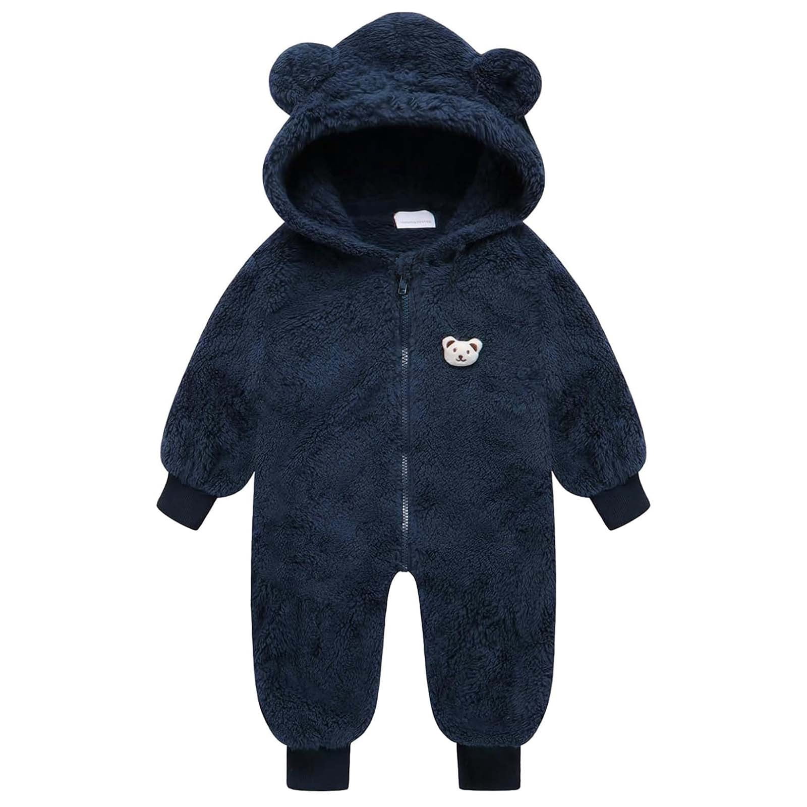 Toddlers Zip up Romper Fuzzy Sherpa Fleece Onesies Baby Boy Girl Winter Jumpsuit Bear Ears One Piece Outfits (1 Year, Navy)