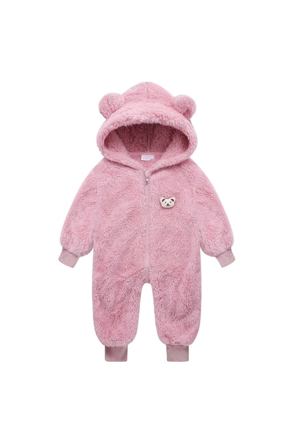 Toddlers Zip up Romper Fuzzy Sherpa Fleece Onesies Baby Boy Girl Winter Jumpsuit Bear Ears One Piece Outfits (1 Year, Pink)