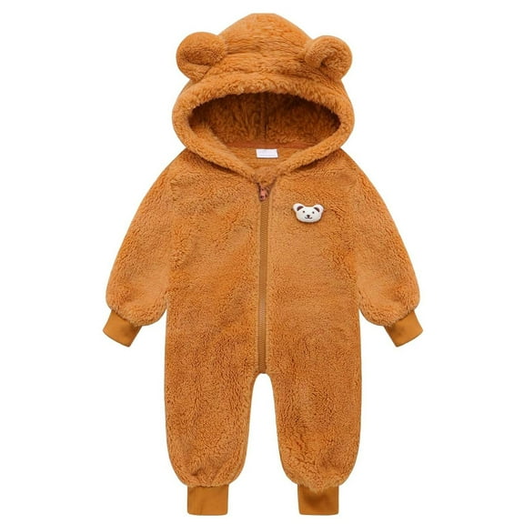 Toddlers Zip up Romper Fuzzy Sherpa Fleece Onesies Baby Boy Girl Winter Jumpsuit Bear Ears One Piece Outfits (2 Years, Brown)