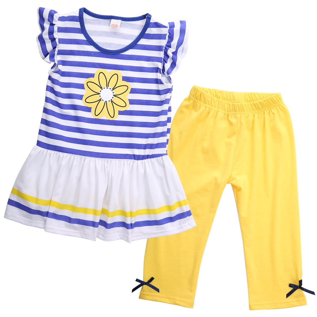 Toddlers and Baby Girls Playwear Set Flying Sleeve Stripe Flower T