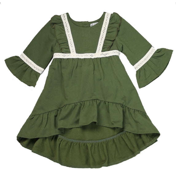 Toddlers and Girls (2-7/8) Princess Dairy Ruffled High-Low Soft French Terry Knit Cotton Dress in Olive 6