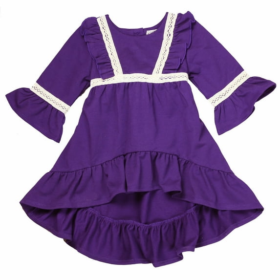 Toddlers and Girls (2-7/8) Princess Dairy Ruffled High-Low Soft French Terry Knit Cotton Dress in Purple 6