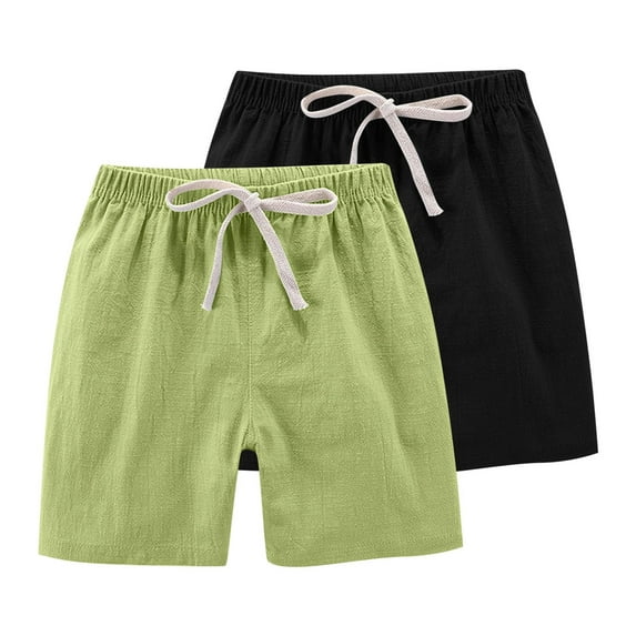 Toddlers and Girls Shorts Multipack, 2 Pack Cotton Linen Shorts for Girls Summer Casual Travel Clothes (8-9 Years, Black|Green)
