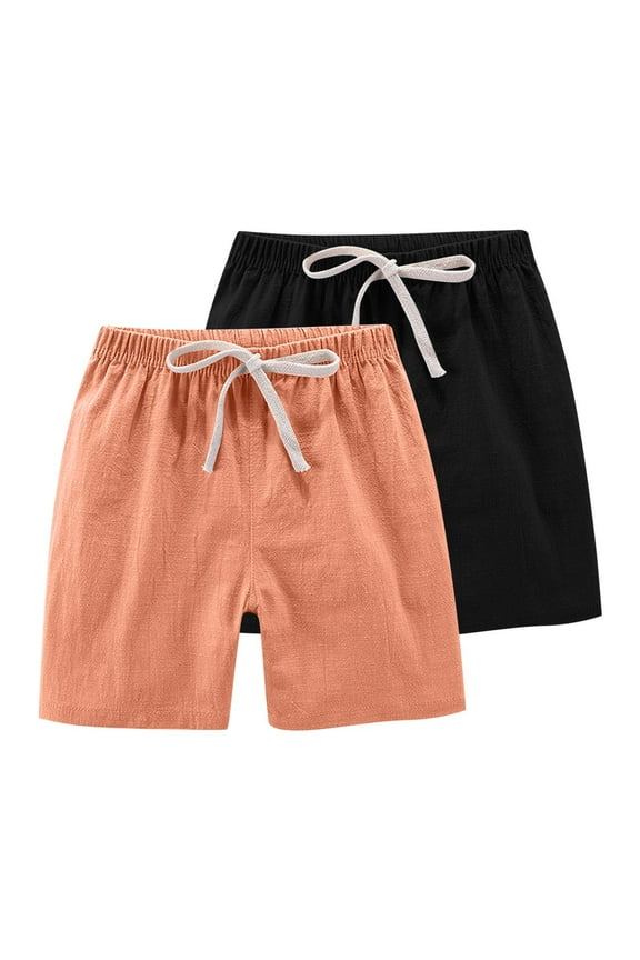 Toddlers and Girls Shorts Multipack, 2 Pack Cotton Linen Shorts for Girls Summer Casual Travel Clothes (8-9 Years, Orange|Black)