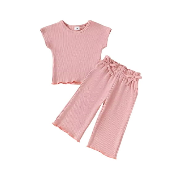 Toddlers Girls Cotton Sets 6M-4Y Kids Cute 2 Piece Going-Out Outfits Casual Solid Color Short Sleeve Tops and Wide Leg Pants Cooling Set