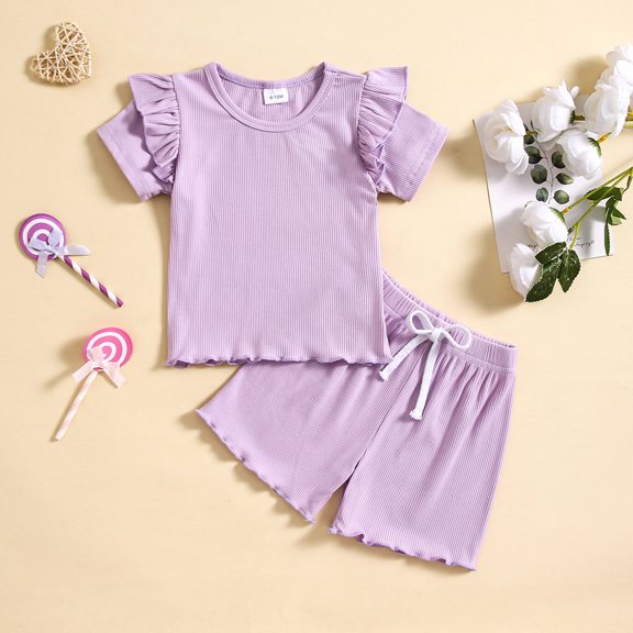 Toddlers Kids Two Piece Sets 6M-4Y Cute Going-Out Outfits Boys Girls Solid Ruffle Short Sleeve Tops and Drawstring Elastic Waist Shorts Set