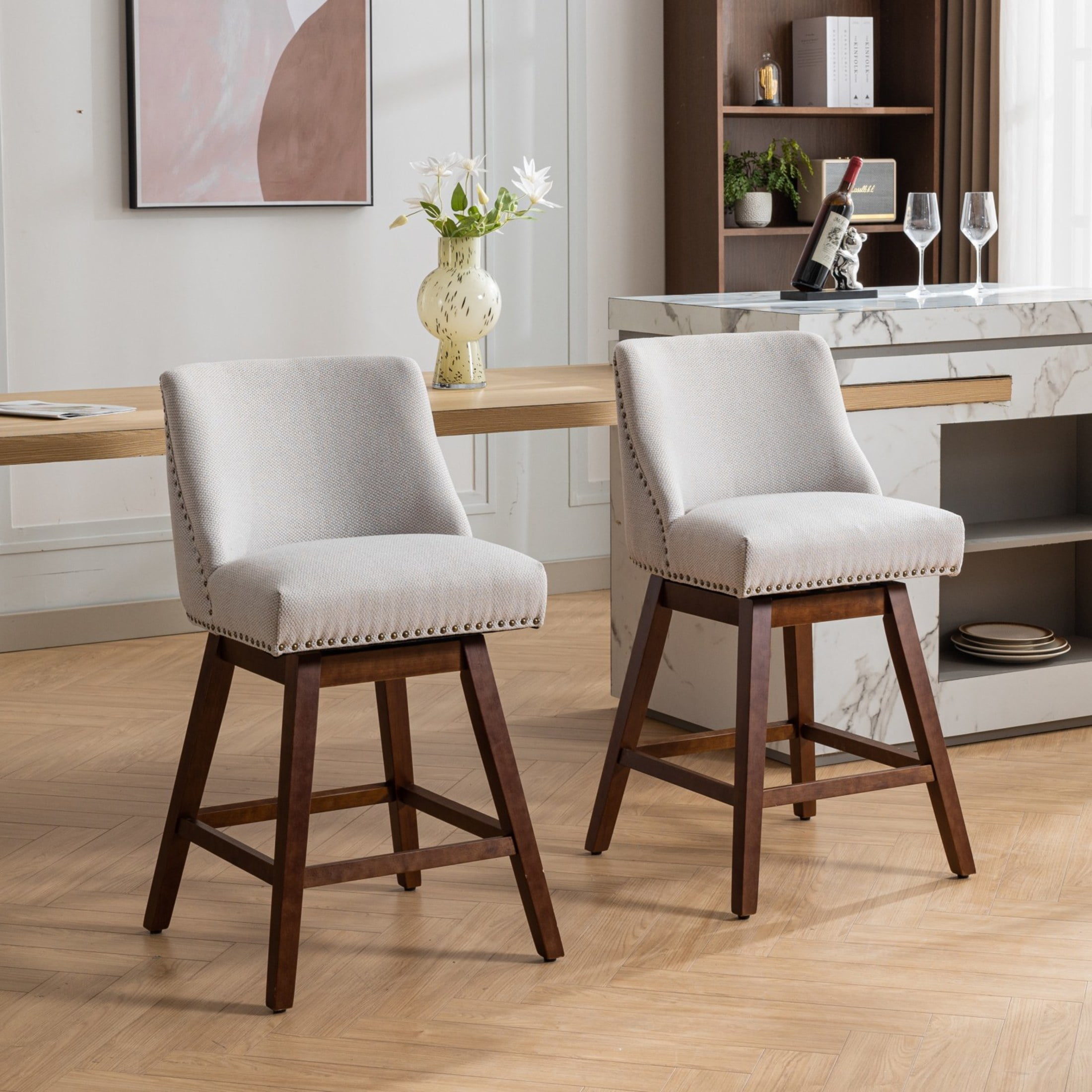 Toddski 26" Seat Height Modern Counter Stool with Backrest, Fabric + Wood, Beige, Set of 2