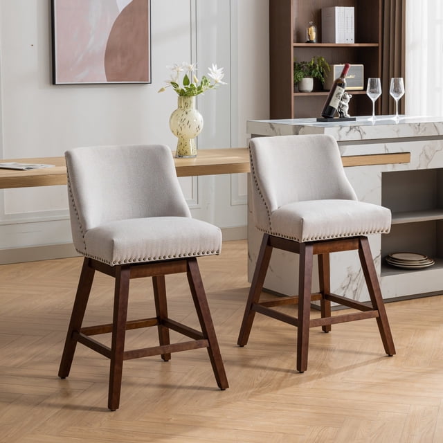 Toddski 26" Seat Height Modern Counter Stool with Backrest, Fabric + Wood, Beige, Set of 2 ...