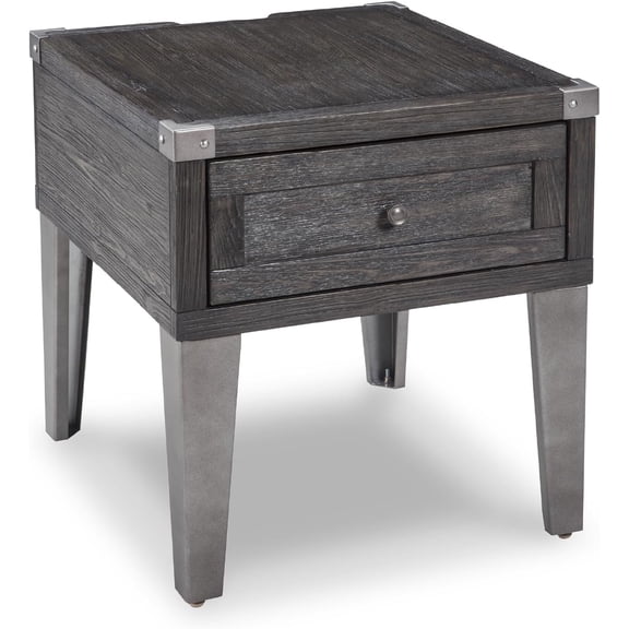 Todoe Industrial Square End Table with 1 Drawer, 2 Outlets and 2 USB Charging Ports, Dark Gray with Weathered Pine Finish