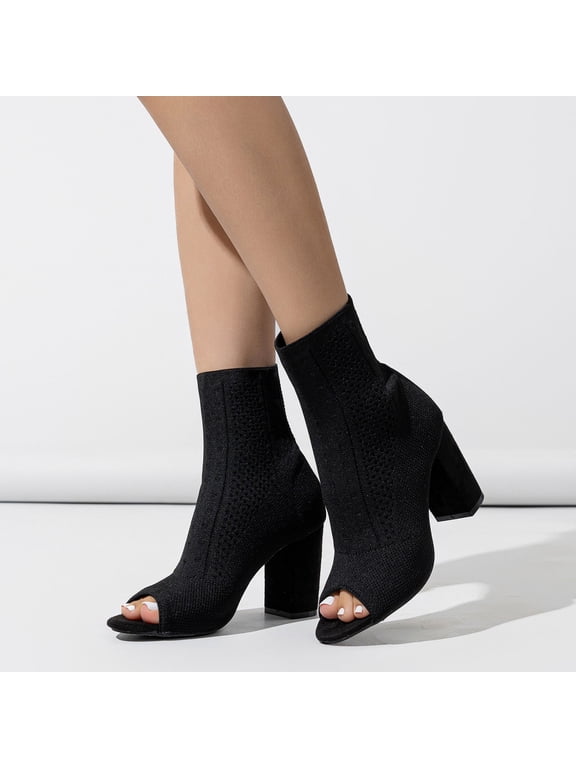 Toe Booties For Women Knit Open Toe Chunky Block Heels Breathable Sock Boots Fashion Heeled Sandals