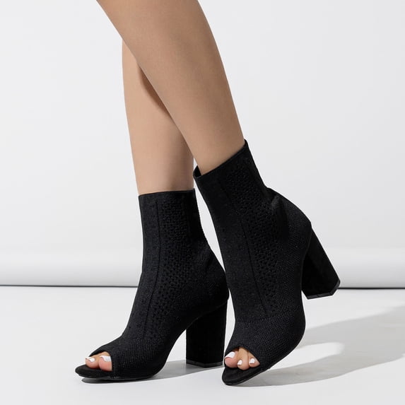 Toe Booties For Women Knit Open Toe Chunky Block Heels Breathable Sock Boots Fashion Heeled Sandals