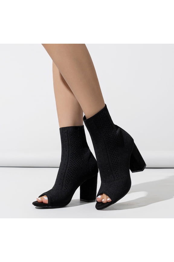 Toe Booties For Women Knit Open Toe Chunky Block Heels Breathable Sock Boots Fashion Heeled Sandals