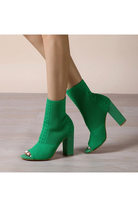 Toe Booties For Women Knit Open Toe Chunky Block Heels Breathable Sock Boots Fashion Heeled Sandals