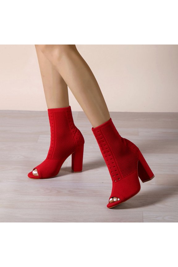 Toe Booties For Women Knit Open Toe Chunky Block Heels Breathable Sock Boots Fashion Heeled Sandals