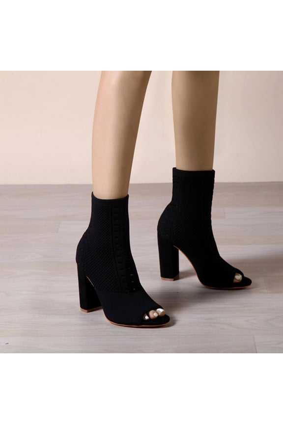 Toe Booties For Women Knit Open Toe Chunky Block Heels Breathable Sock Boots Fashion Heeled Sandals