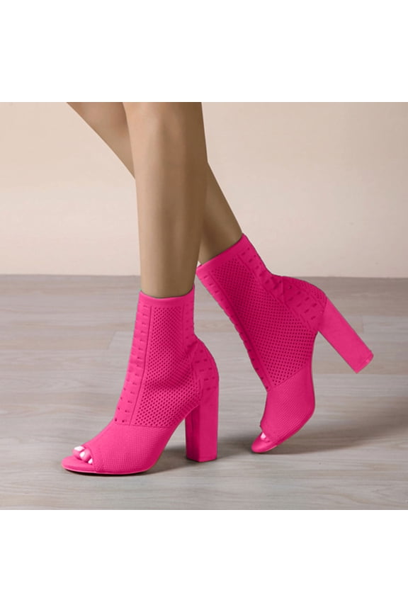 Toe Booties For Women Knit Open Toe Chunky Block Heels Breathable Sock Boots Fashion Heeled Sandals