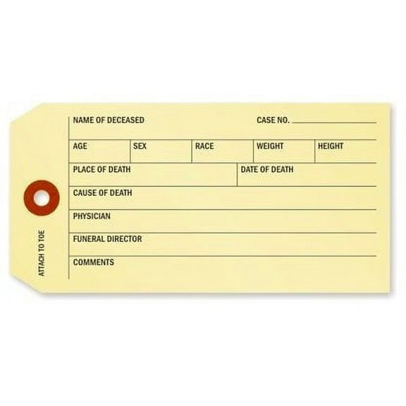 Toe Identification Tag for Coroner and Funeral, 5.25" x 2.625" Durable Manila Cardstock with Reinforced Hole, Pre-Strung - Pack of 100 Tags
