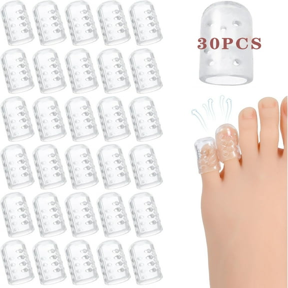 Toe Protectors,Tutuviw 30Pcs Silicone Gel Toe Protector with Airflow Orifice,Elastic Pinky Toe Covers,Soft Little Toe Sleeves,Gel-Toe Caps,Breathable Gel Toe Cushions for Hammer Toes/Toenail Loss