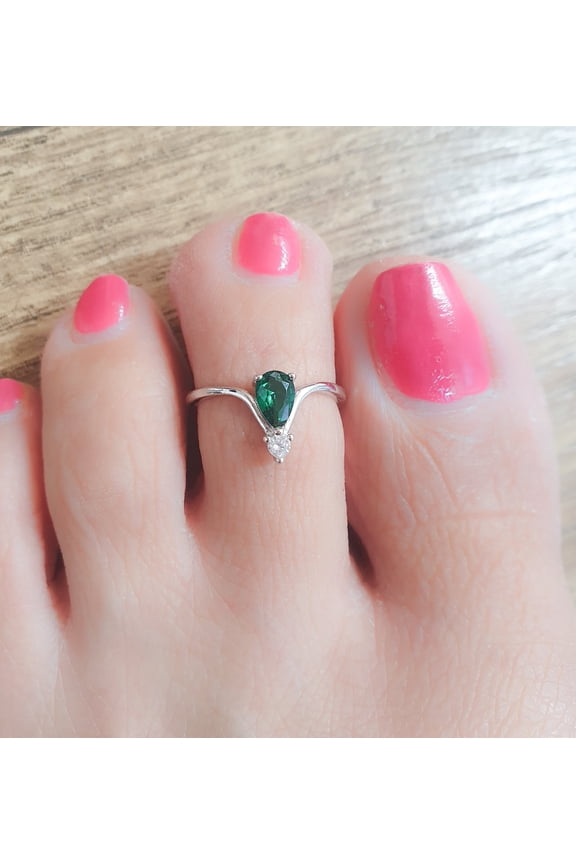 Toe Ring Adjustable Sterling Silver 925 Tiny Emerald CZ Diamond Toe Ring Unique Open Toe Ring