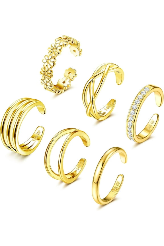 Toe Rings Set 6 Pack 14K Gold Plated, Adjustable Open Band Summer Beach Jewelry