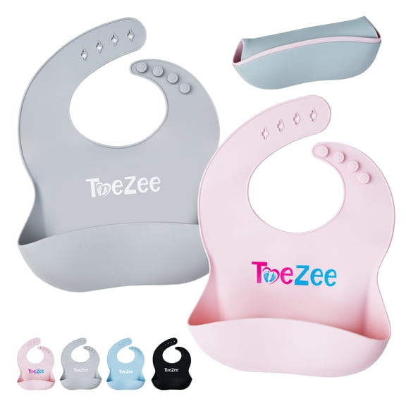 ToeZee Silicone Baby Bib for Boys & Girls - Adjustable Waterproof Baby Bibs Makes Baby Feeding a Breeze - Our Stylish Bibs Are Easy to Clean - Includes a Handy Zippered Bag for Storage & Travel ...
