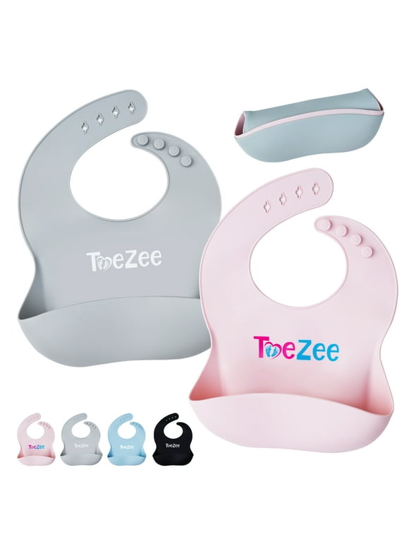 ToeZee Silicone Baby Bib for Boys & Girls - Adjustable Waterproof Baby Bibs Makes Baby Feeding a Breeze - Our Stylish Bibs Are Easy to Clean - Includes a Handy Zippered Bag for Storage & Travel ...