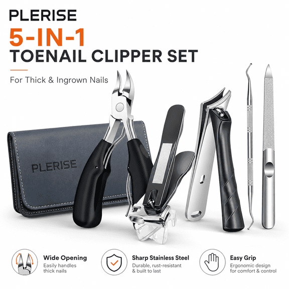 Toenail Clippers for Seniors Thick Toenails, 5-in-1 Heavy Duty Nail Clipper Set for Men and Adults, Wide Jaw Toenail Clippers for Ingrown Nails with Nail File, Ingrown Nail Lifter and Leather Case