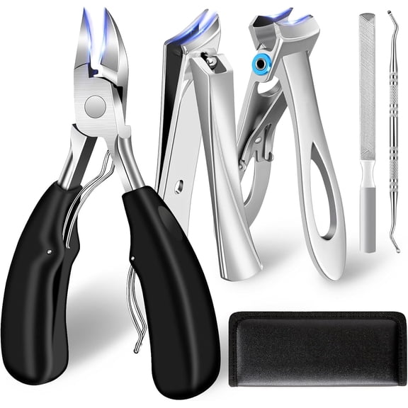 Toenail Clippers for Thick Toenails/Seniors - Heavy Duty Angled Head Nail Men, Large Wide Jaw Ingrown Clippers, Long Handle Sharp (5pcs)