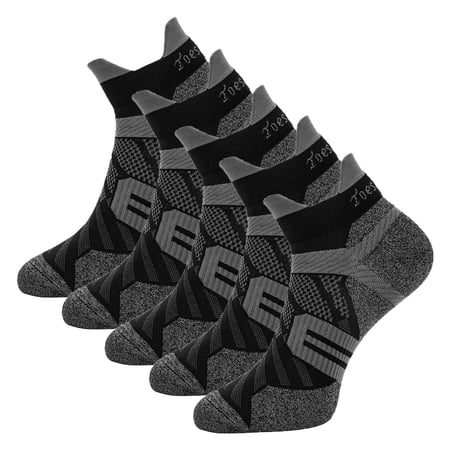 Toes&Feet Men's and Women's 5-Pack Black with Grey Quick Dry Compression Ankle Running Socks, XL