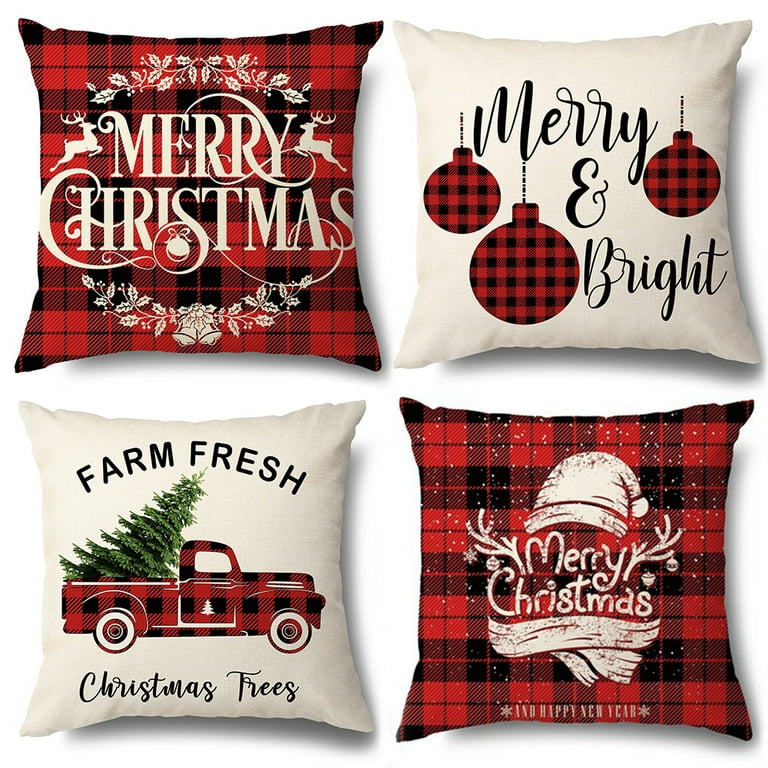 Toes Home Decorative Christmas Pillow Covers 18x18 Rustic Red Buffalo Plaid  Farmhouse Decorations Throw Pillows Cases Set of 4 