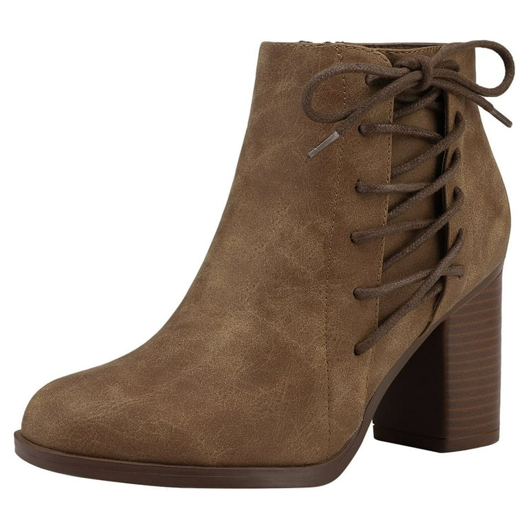 Toetos Women's Mid Chunky Heel Ankle Boots Suede Leather Side Zipper Ankle  Boots Chicago-01 Tan Size