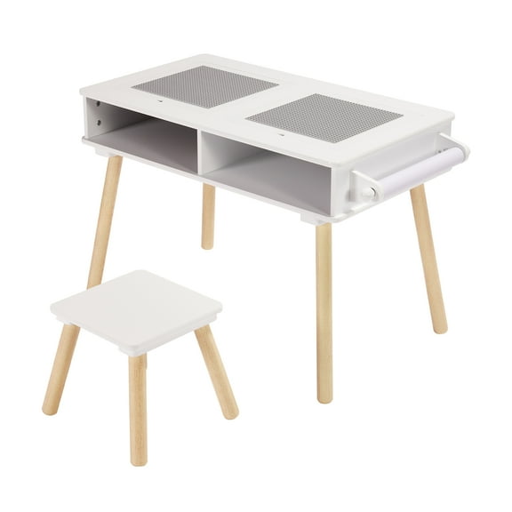 Toffy & Friends Kids Wooden Multi Activity Block Table and Stool Set 2,White Color,3 Years Old
