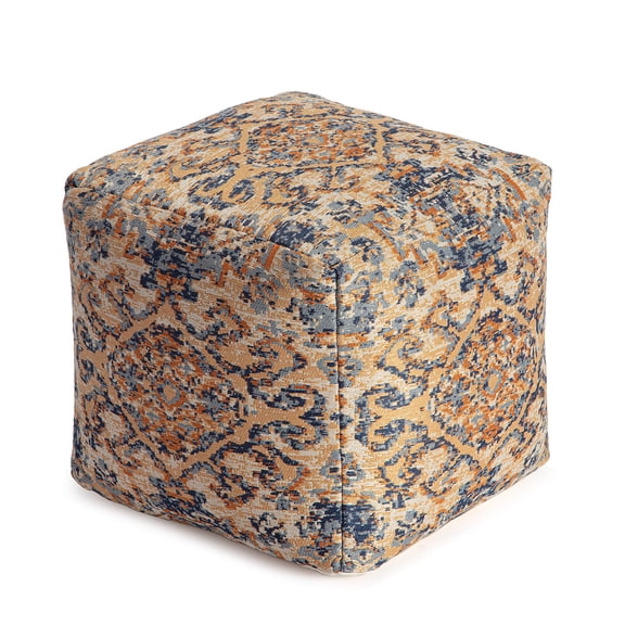 Tofino Orange Cube Pouf Ottoman with Distressed Medallion Pattern