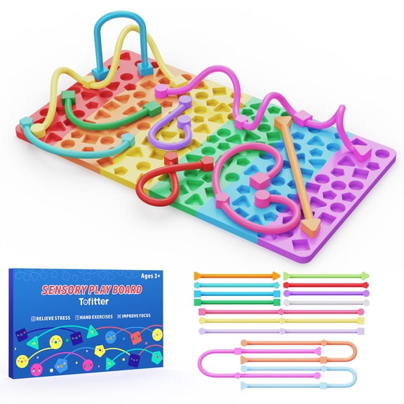 Tofitter Silicone Sensory Activity Board, Silent Fidget Toys for Kids 3+ & Adults, Shape Matching & Pattern Creation with 14 Colorful Strings