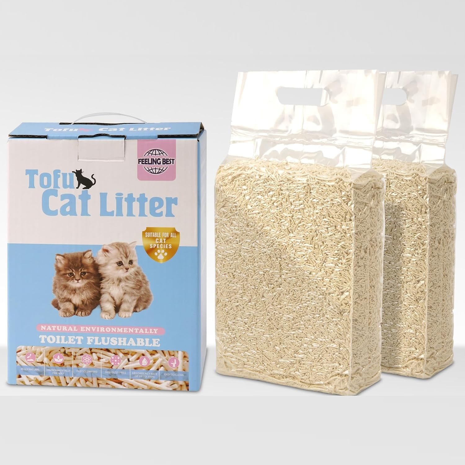 Tofu Cat Litter 11.2LB(5.6lb2bag) Clumping, 100% Natrual Raw Materials, Clumping,Flushable, Absorbent and Fast Drying,Solubility in Water,Really Dust-Free,Less Scattering