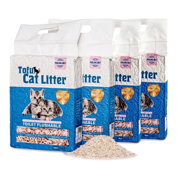 FEELING BEST Tofu Cat Litter 22.4 lb (4 x 5.6 lb), Unscented Clumping, Flushable, Low Dust, Ultra Absorbent for Multi-Cat
