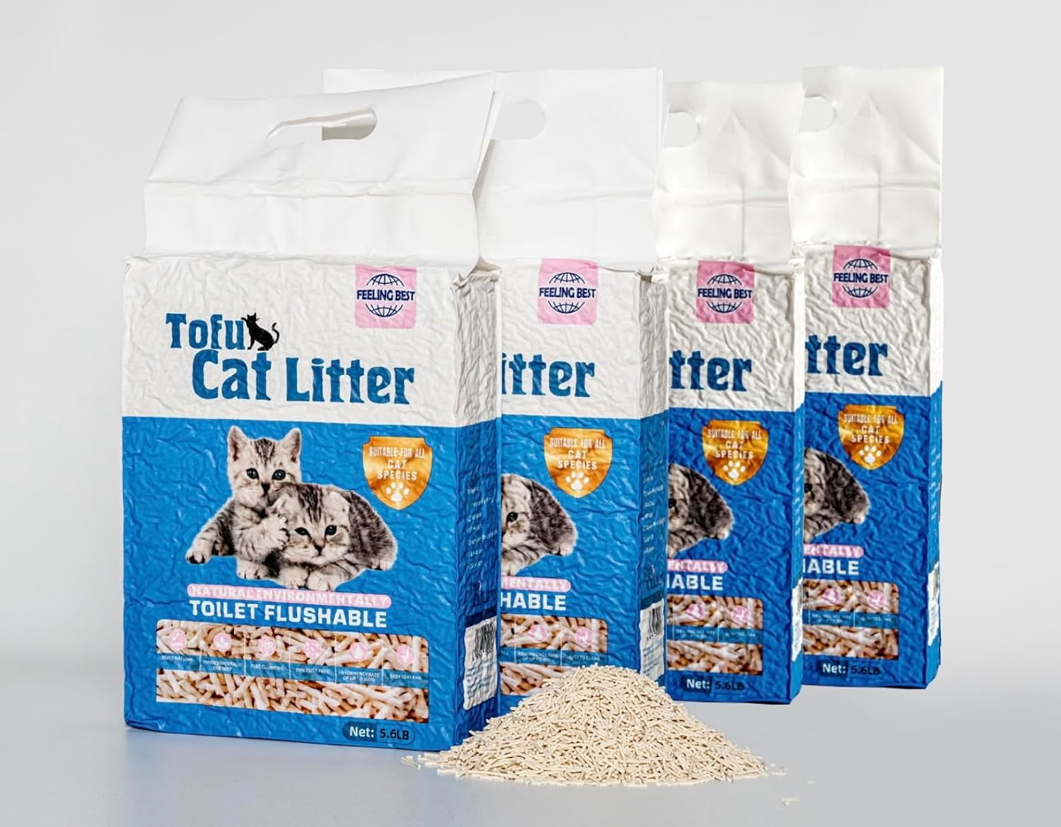 Tofu Cat Litter 22.4LB(5.6LB*4 Bags) Fast Clumping, Dust-Free,100% Natrual Raw Materials, Clumping,Flushable,Ultra Absorbent and Fast Drying,Solubility in Water,Really,Less Scattering
