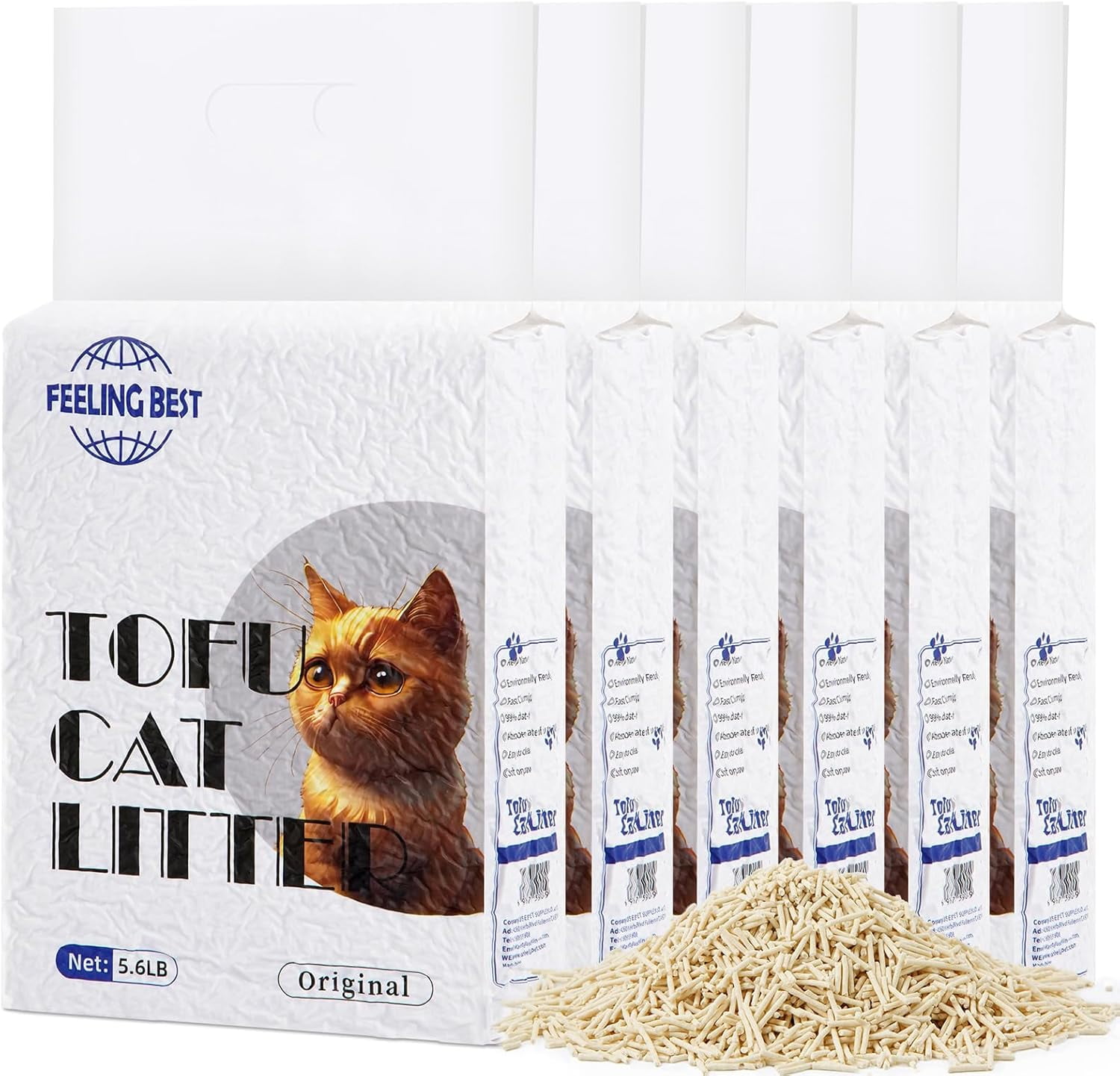 Tofu Cat Litter 33.6LB(5.6LB*6) Fast Clumping, Dust-Free,100% Food Grade Raw Materials,Clumping,Flushable,Ultra Absorbent and Fast Drying,Solubility in Water,Really Dust-Free Esay Clean