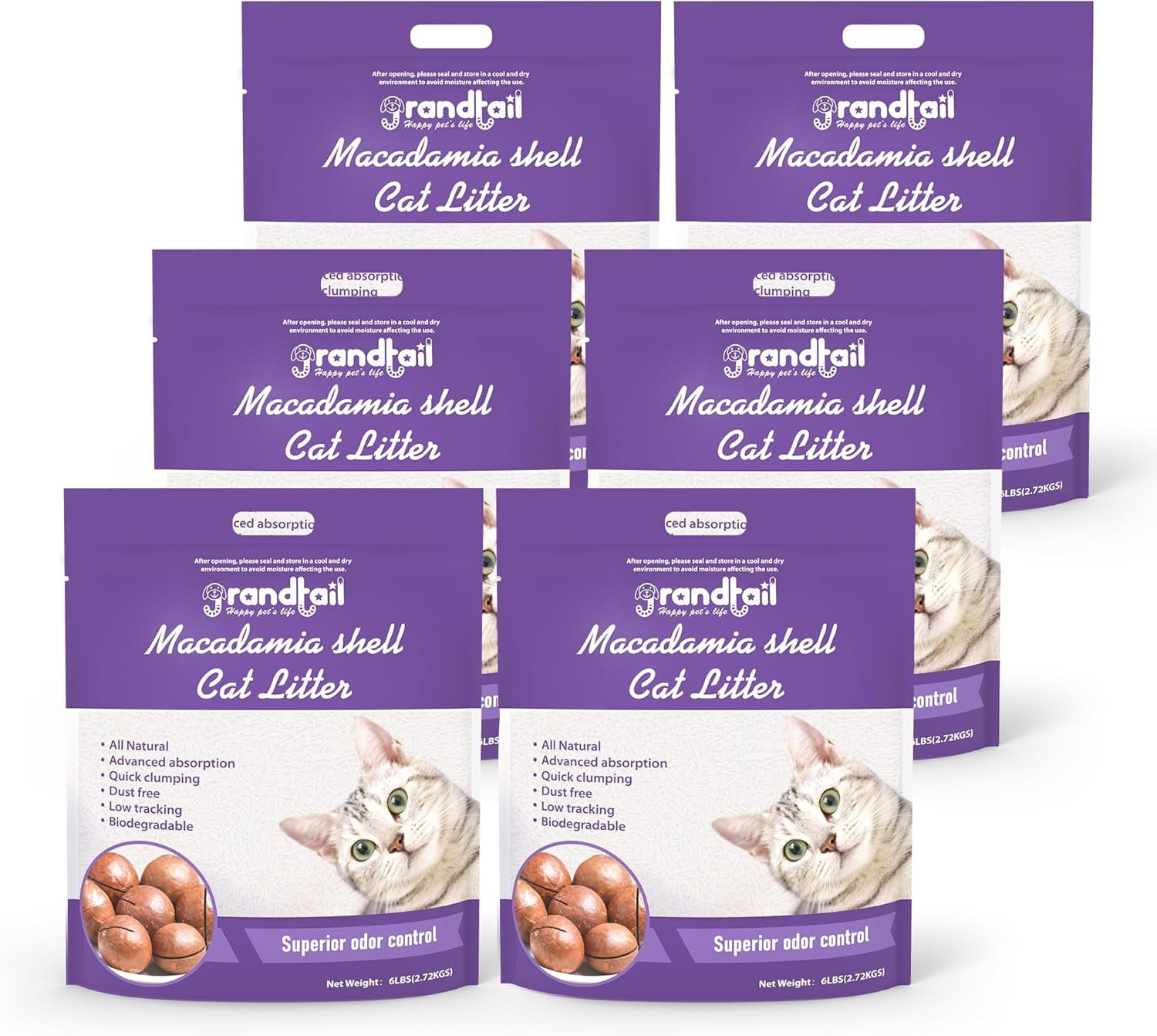 Tofu Cat Litter with Macadamia Nut, Strong Clumping Cat Litter,100% Natural Ingredients Litter,95% Odor Control and Flushable Deodorant, Low Tracking (6X6lb/pack)