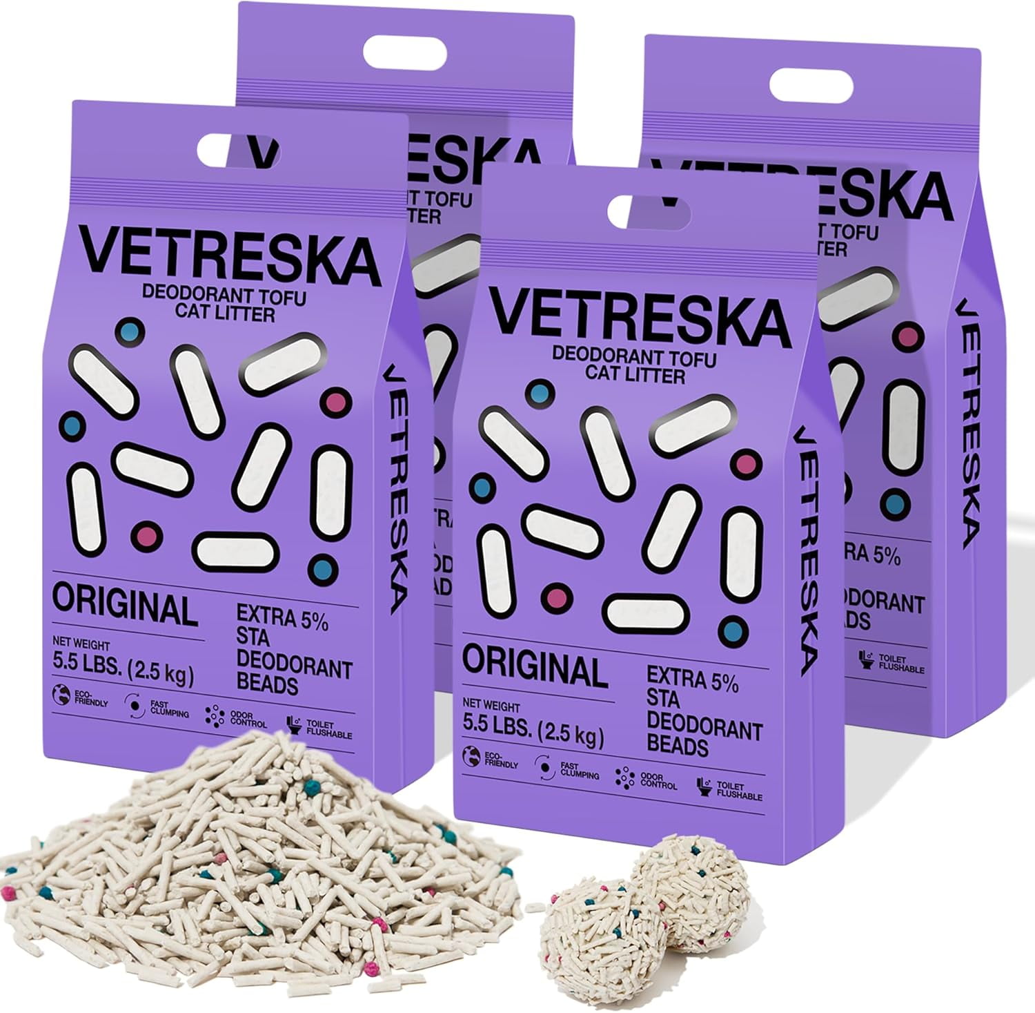Tofu Cat Litter,Natural Kitty Litter Strong Clumping Flushable Cat Litter Pellets Ultra Absorbent,Odor Control,Dust-Free,Low Tracking Eco-Friendly Tofu Litter,Original(5.5lb4bags)