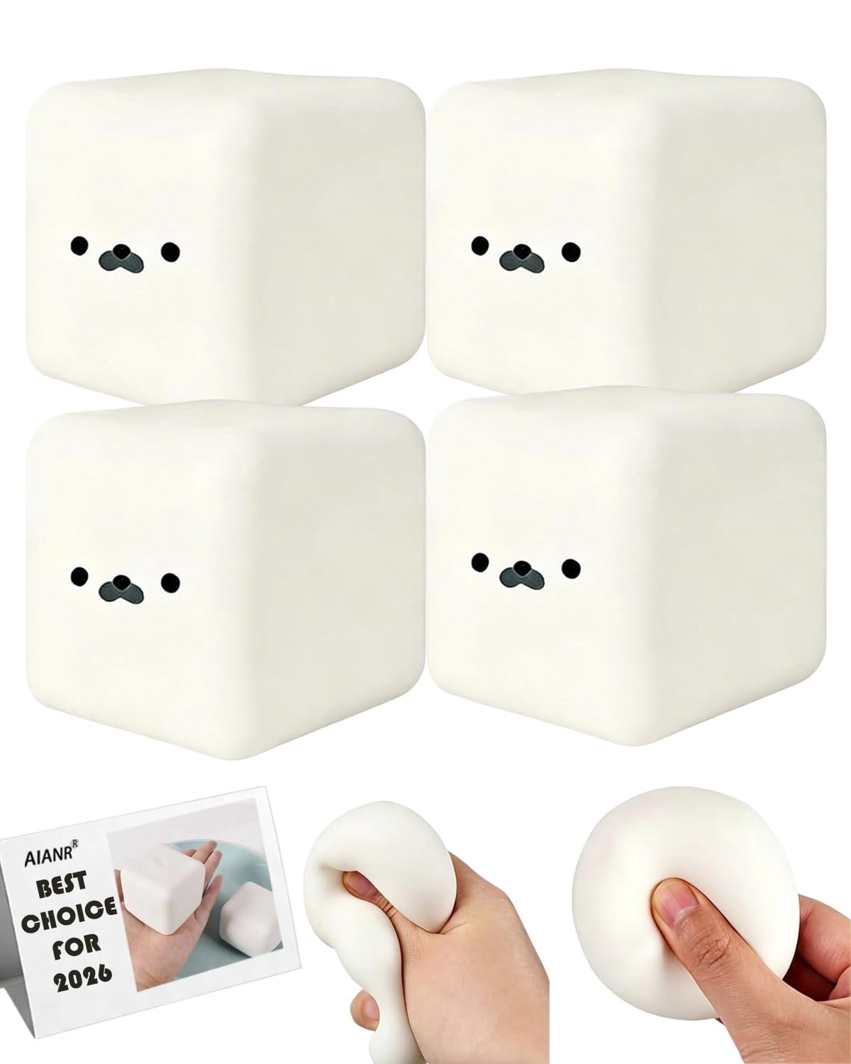 Tofu Squishy Cute Seal Face White Cube Stress Relief Item, Soft Moldable Dough Slow Rising Silky Squeeze Ball for Anxiety, Portable Desktop Decoration (4PC)