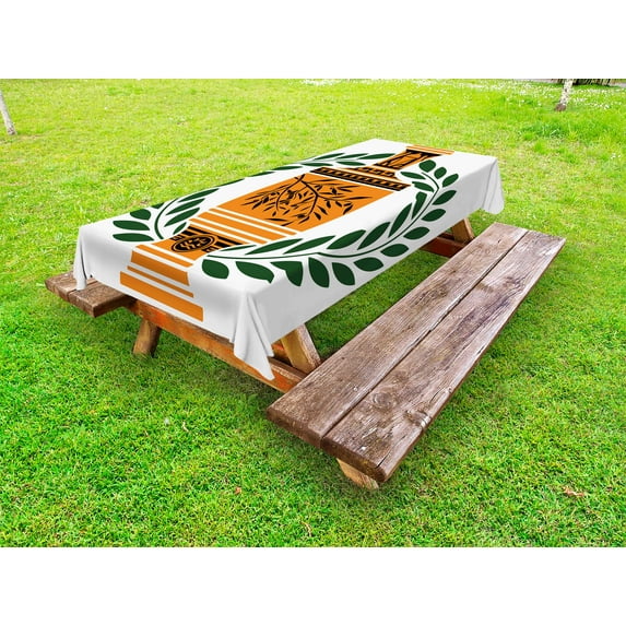 Toga Party Outdoor Tablecloth, Old Antique Greek Vase with Olive Branch Motif and Laurel Wreath, Decorative Washable Fabric Picnic Table Cloth, 58 X 84 Inches,Hunter Green Orange Black, by Ambesonne