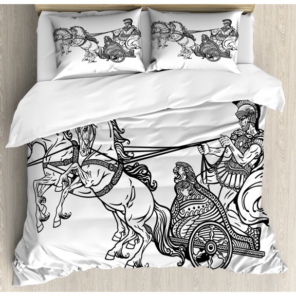 Toga Party Queen Size Duvet Cover Set, Roman Warrior in a Chariot Pulled by Two Horses Historic Carriage Monochrome, Decorative 3 Piece Bedding Set with 2 Pillow Shams, Black White, by Ambesonne