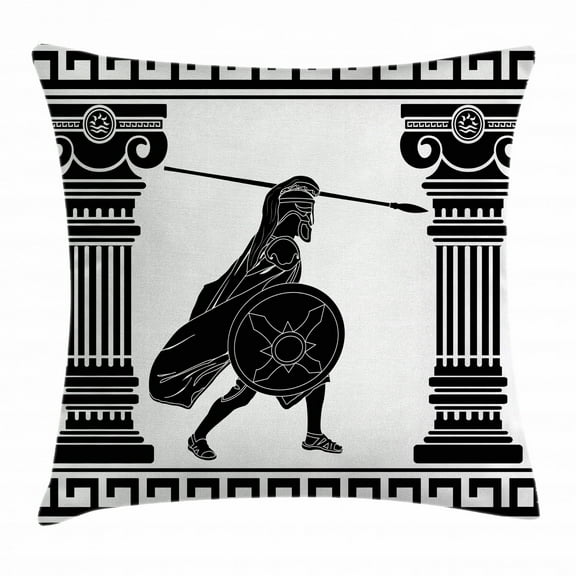 Toga Party Throw Pillow Cushion Cover, Black Warrior Silhouette Ready to Attack Between Ancient Ionic Palace Columns, Decorative Square Accent Pillow Case, 24 X 24 Inches, Black White, by Ambesonne