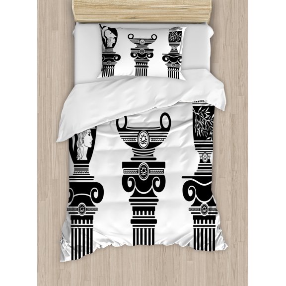 Toga Party Twin Size Duvet Cover Set, Set of Hellenic Vases and Ionic Columns Artistic Design Amphora Antiquity, Decorative 2 Piece Bedding Set with 1 Pillow Sham, Black and White, by Ambesonne