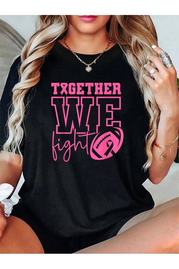 Together We Fight American Football Breast Cancer Awareness T-Shirt - 100% Cotton Graphic Tees Women, Top Shirt Perfect For Daily Wear, Hiking, And Travel