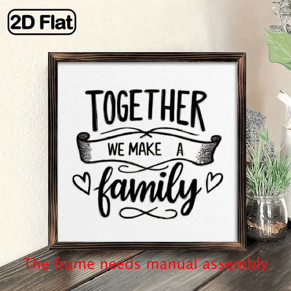 Together We Make A Family 8X8 Rustic Wooden Framed Artwork- Black Script with Ribbon Heart Accents, Vintage Handcrafted Look, Durable Wood Home Decor Living Room, Wedding Engagement, Tabletop Wall