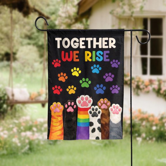 Together We Rise Rainbow Cat Paw Garden Flag, Inclusive Pride Yard Decor, Flag Only Not Include POLE