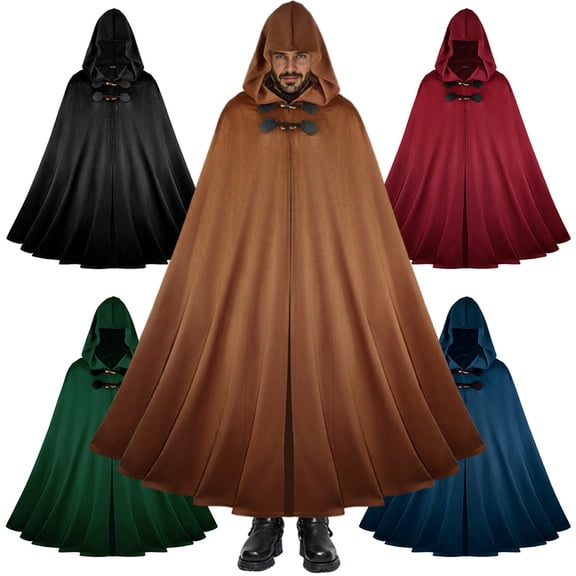 Toggle Button Ranger Hooded Cloak, Toggle Button Hooded Medieval Ranger Cloak, Full Length Heavy Duty Fantasy Warrior Cosplay Cape for Halloween Larp, 5 Color Oversized Hooded Robe, Brown L